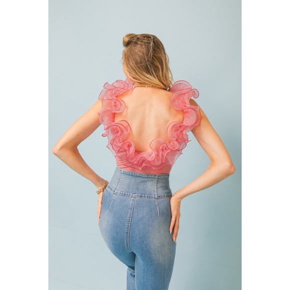 Flying Tomato Pink Organza Trimmed Ribbed Cotton Sleeveless Bodysuit - Picture 4 of 11